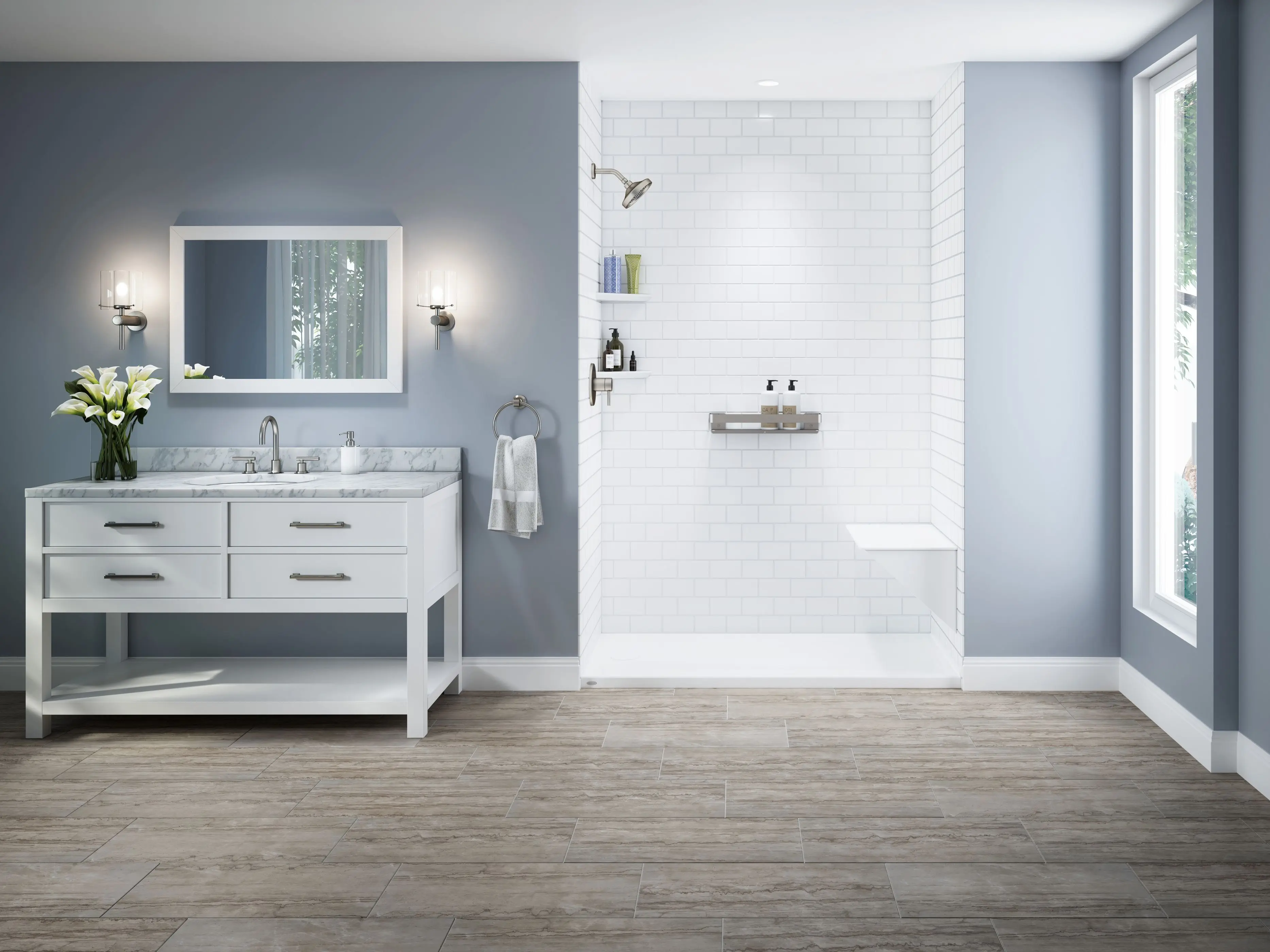 Contemporary walk-in shower with black hardware and quartz wall panels – Toronto GTA